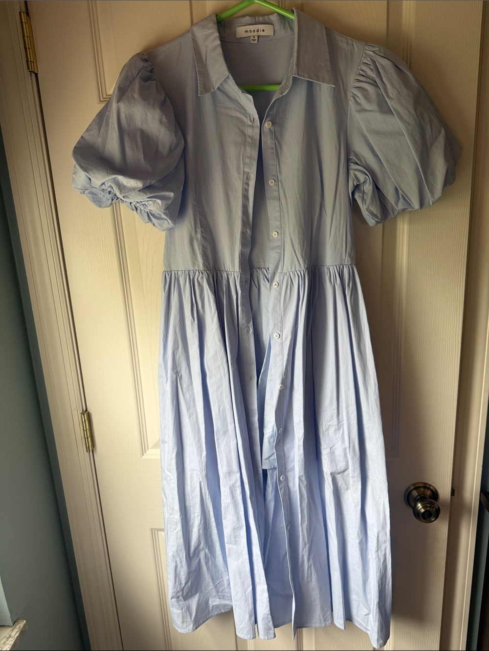 moodie Pale Blue Button-Up dress with puffed sleeves